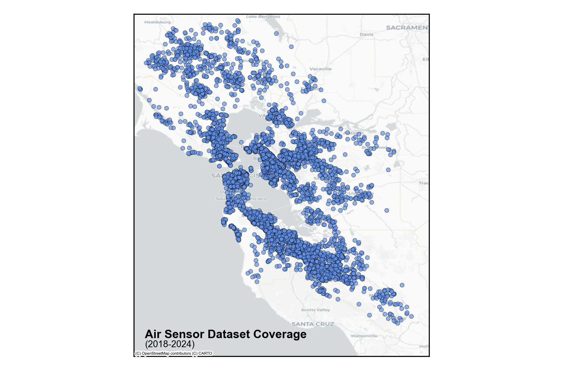 Map depicting air sensor coverage in the Bay Area.