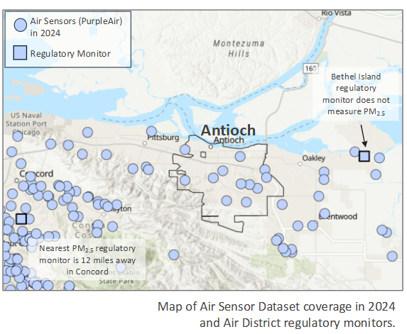 Map of Air Sensor Dataset coverage in 2024 and Air District regulatory monitors across Antioch and surrounding areas